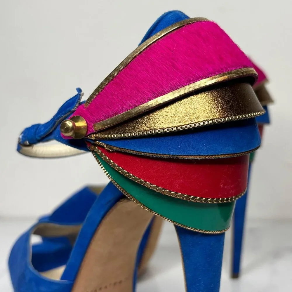 Brian Atwood TRIBECA Cuffed Blue Suede Platform Heels Multicolor Ankle Strap 37 - Picture 7 of 12